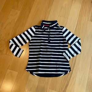 Joules striped quarter zip with pink details. Size 10.